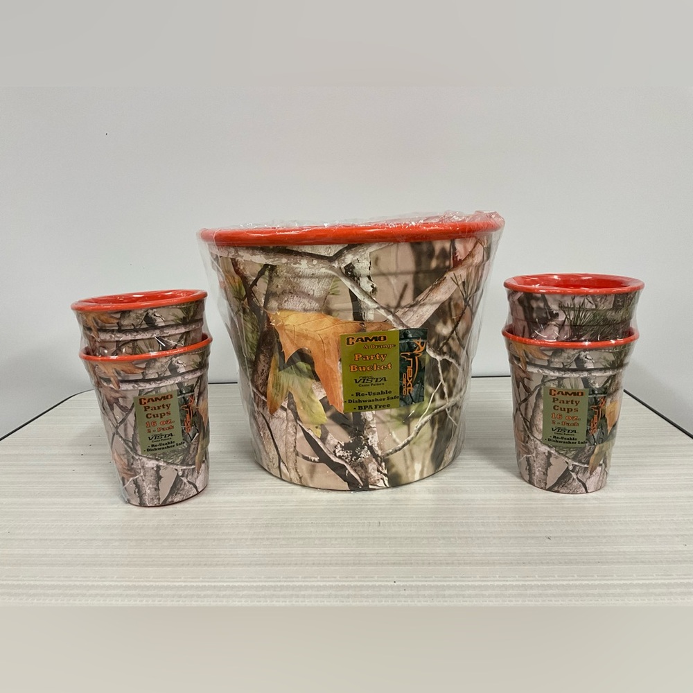 NEW SEALED Next G1 VISTA Camo & Orange Ice Bucket & 4 Matching 16oz Cups/Glasses